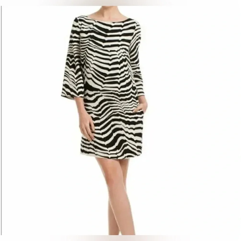 Trina Turk Black White Striped Zebra Print Dress 3/4 Sleeve With Pockets EUC
